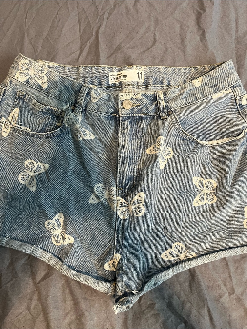 refuge Light Blue Denim Butterfly Print Shorts